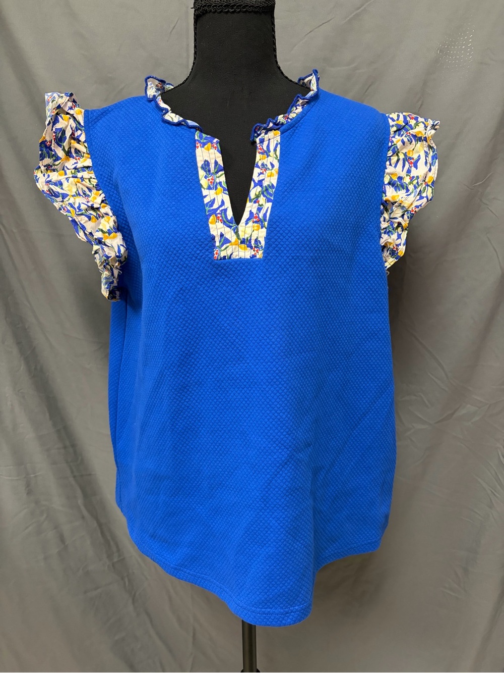 Bright Blue Flutter Sleeve Women's Blouse with Floral Trim